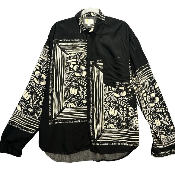 KASHA Black Ivory Floral Rayon Laganlook Button down blouse M Modern, Artsy - Picture 1 of 7